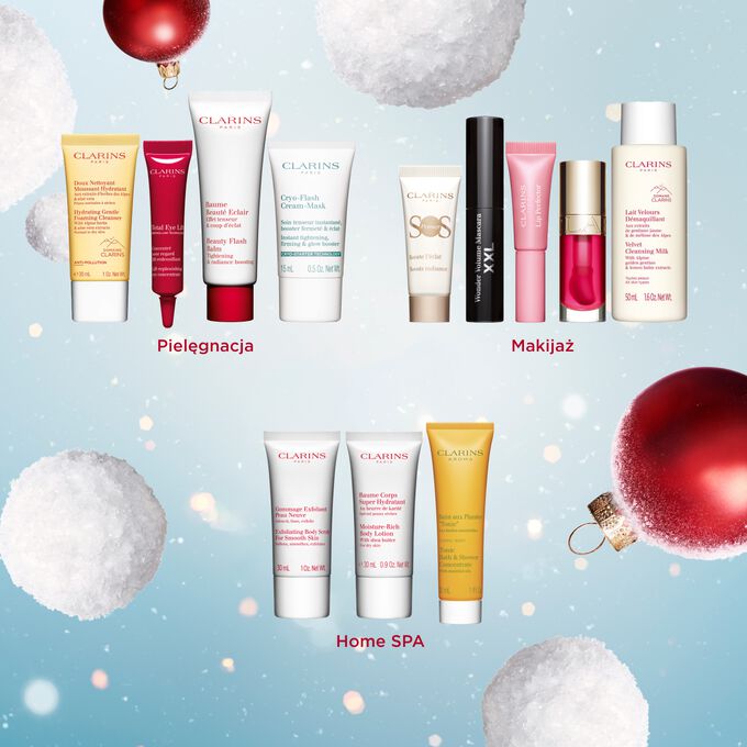 Packshot af 12 Days Makeup julekalender med 2 produkter i fuld størrelse, 7 prøvestørrelser og 3 minis fra Clarins' essentials sortiment