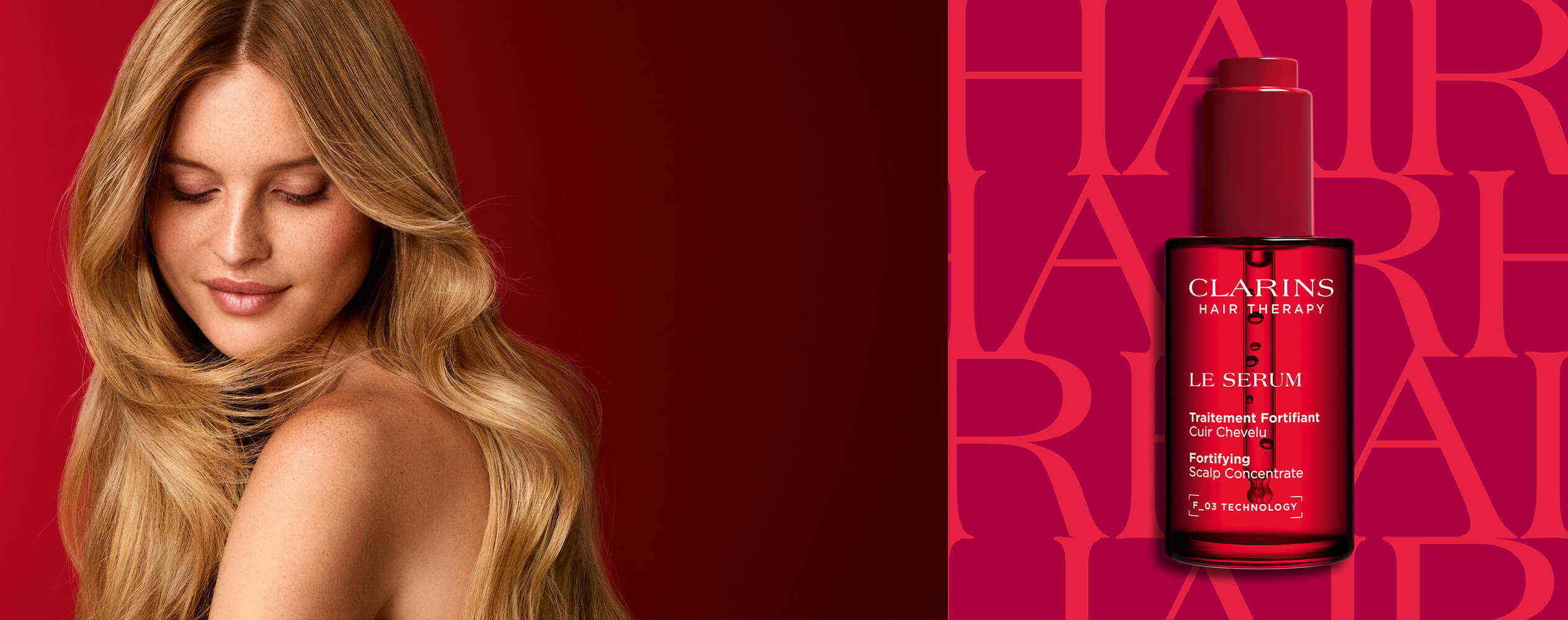 Woman with beautiful hair after applying Le Serum by Clarins Hair Therapy