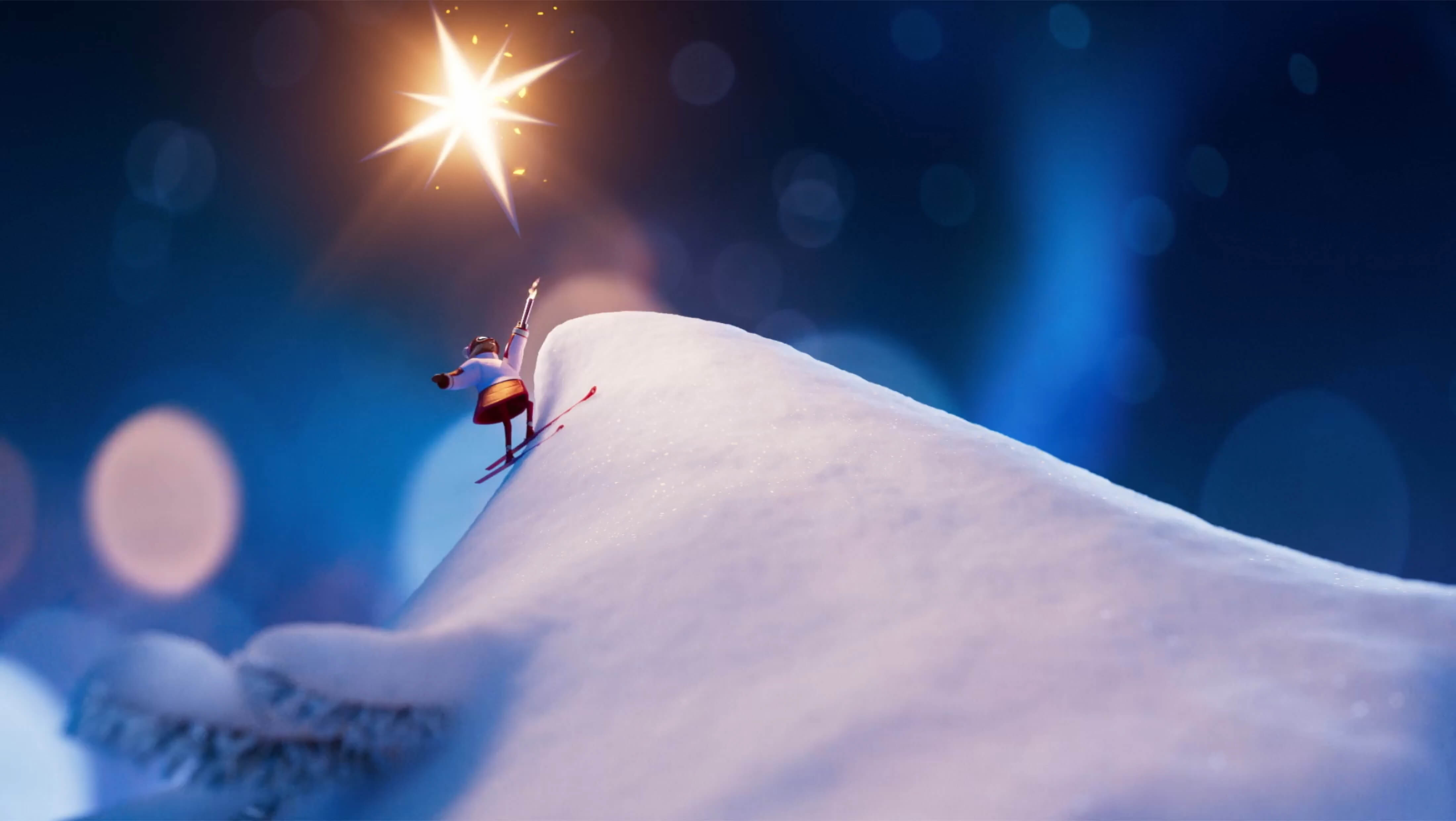 Extract of the Holiday video campaign 2025 of Clarins, showing a skier sliding down a Christmas tree filled with Clarins products.